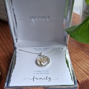 Gratitude & Grace Family Tree Pendant Necklace in Silver Plate